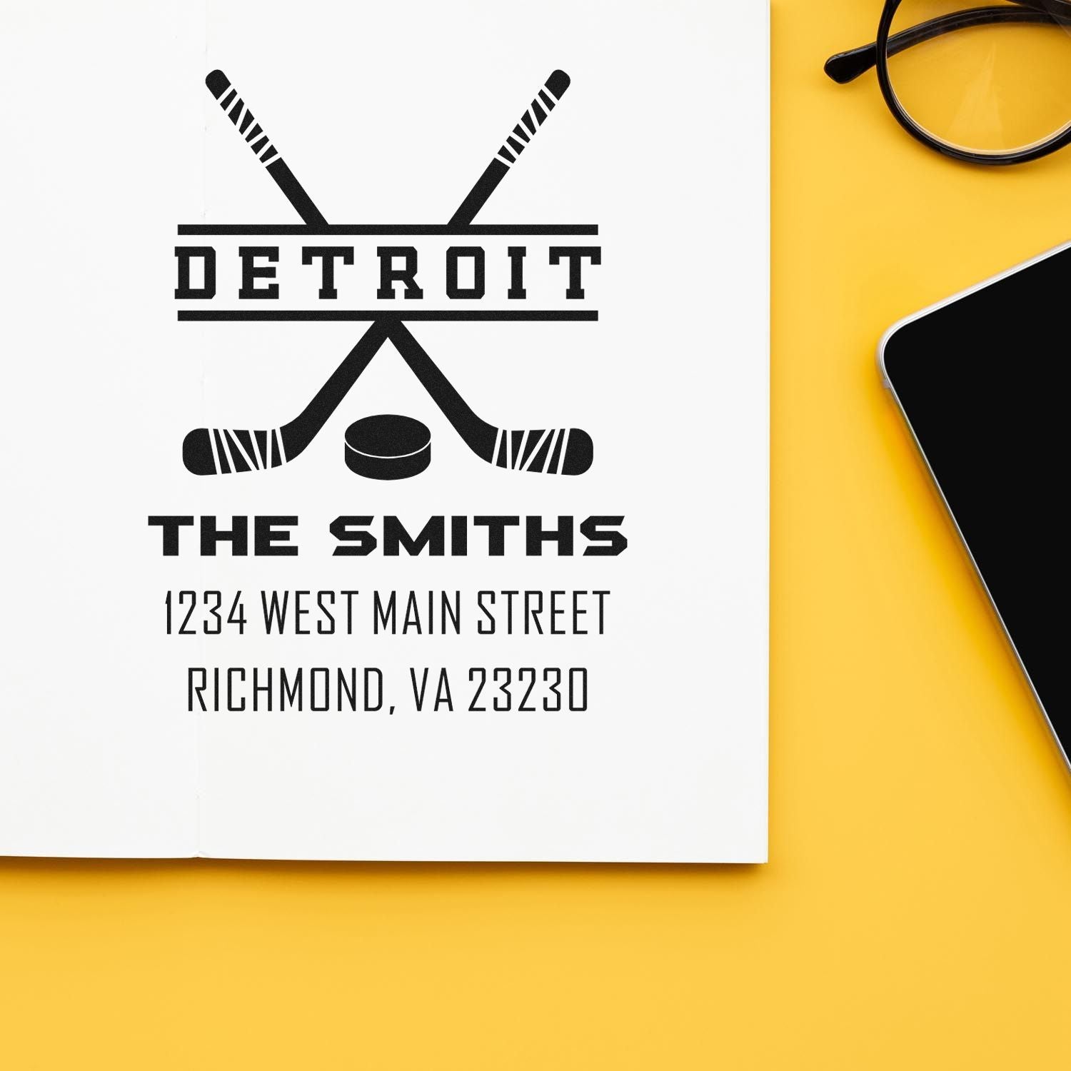 Custom hockey return address rubber stamp for The Smiths with Detroit theme, name, and Richmond, VA address.