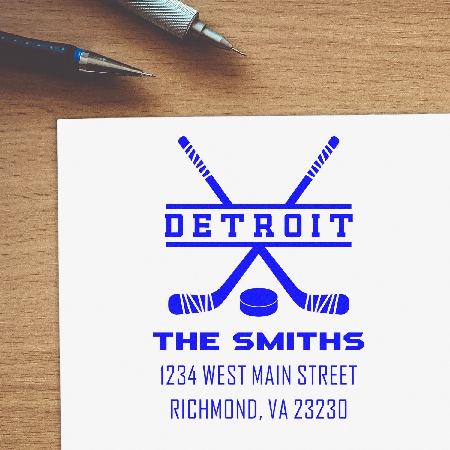 Custom Detroit hockey rubber stamp for The Smiths with name and address, ideal for mail, packaging, and stationery.
