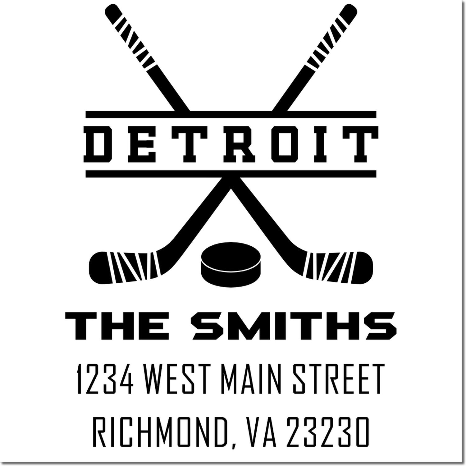 Custom Detroit hockey rubber stamp for The Smiths with crossed sticks, family name, and Richmond, VA address.