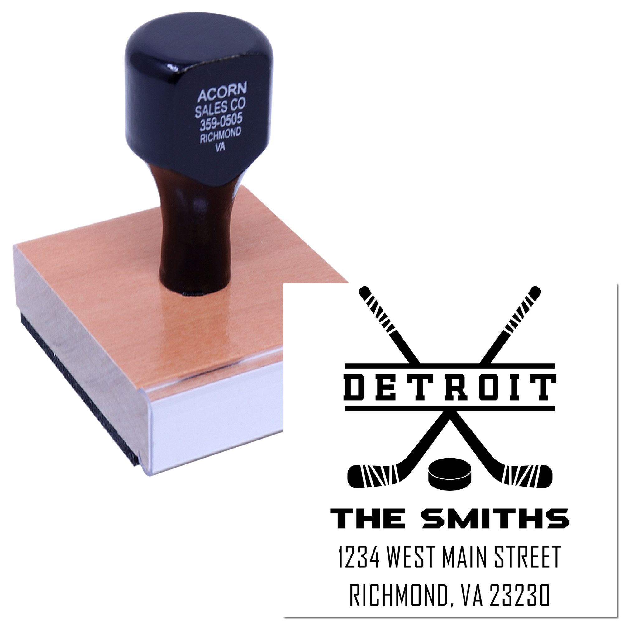 Custom self-inking rubber stamp with Detroit hockey design and return address for The Smiths, Richmond VA.