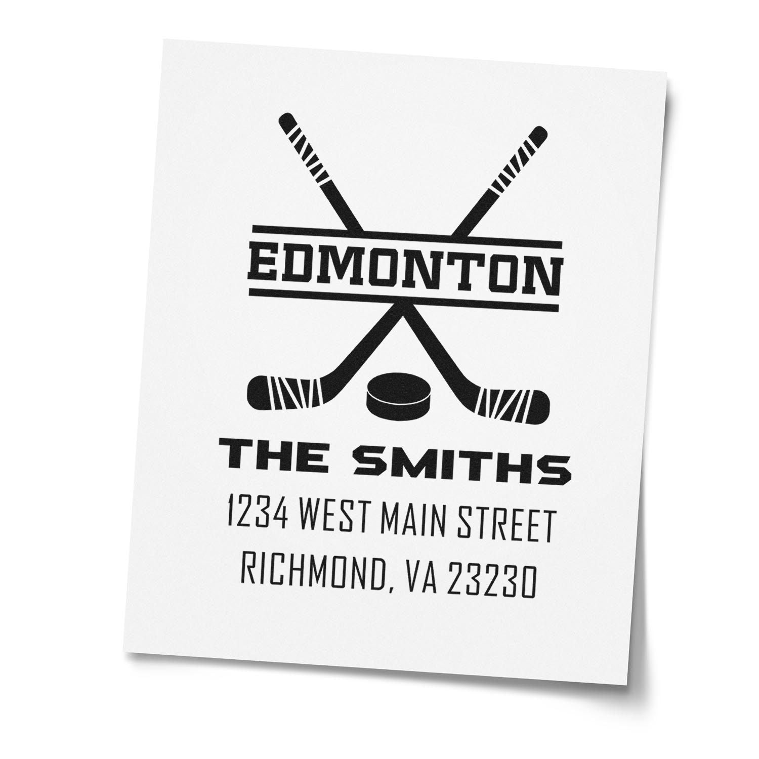Personalized hockey return address rubber stamp with crossed sticks, Edmonton, The Smiths, and Richmond, VA 23230.
