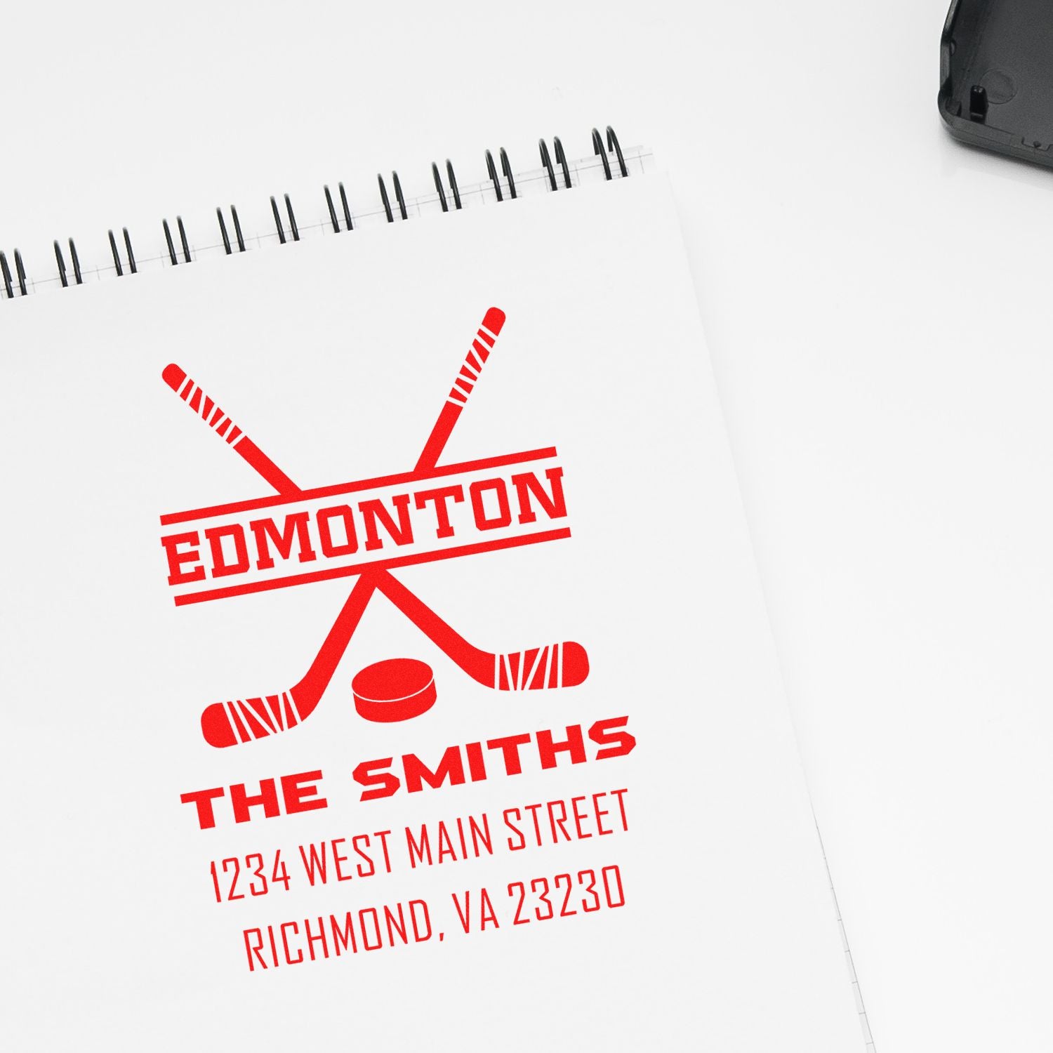 Custom rubber stamp design for Edmonton The Smiths hockey logo and Richmond, VA address.