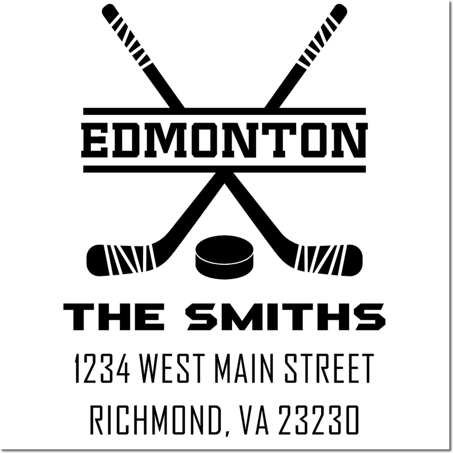 Custom hockey return address rubber stamp for The Smiths, Edmonton design, 1234 West Main Street, Richmond, VA 23230.