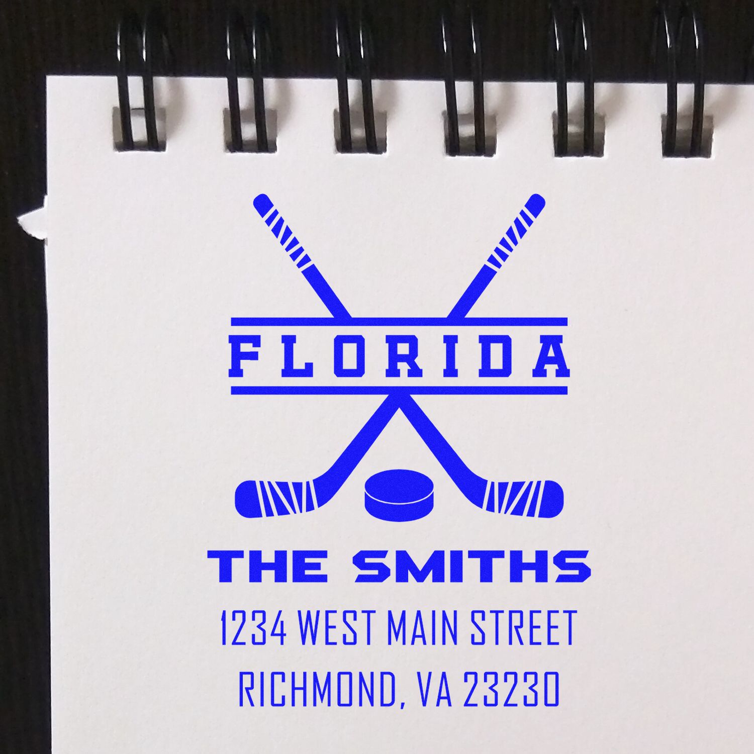 Custom hockey rubber stamp for The Smiths in Florida, with return address 1234 West Main Street, Richmond, VA 23230