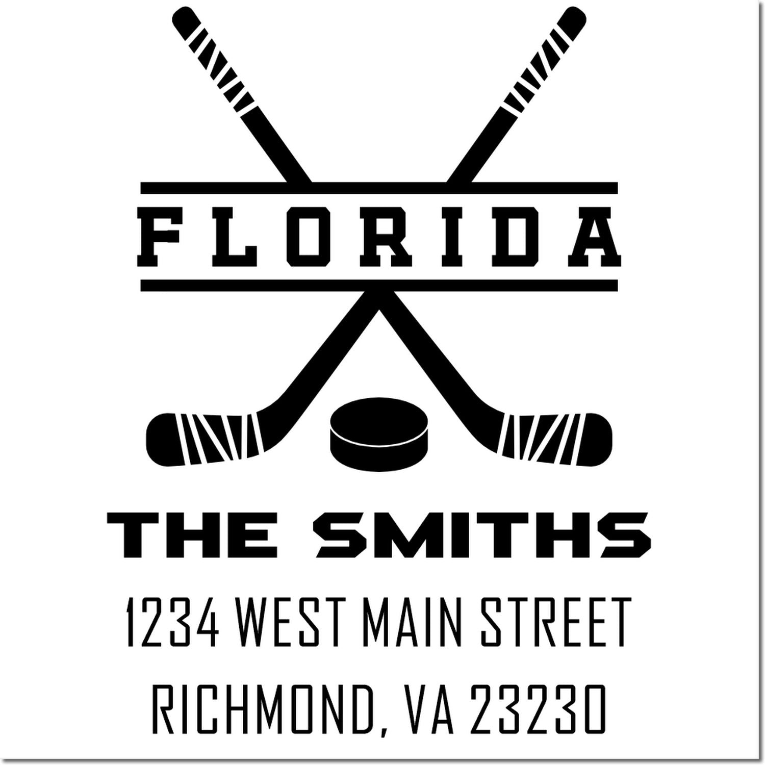 Custom hockey return address rubber stamp for The Smiths, Richmond VA 23230, with Florida text, crossed sticks, and puck logo.