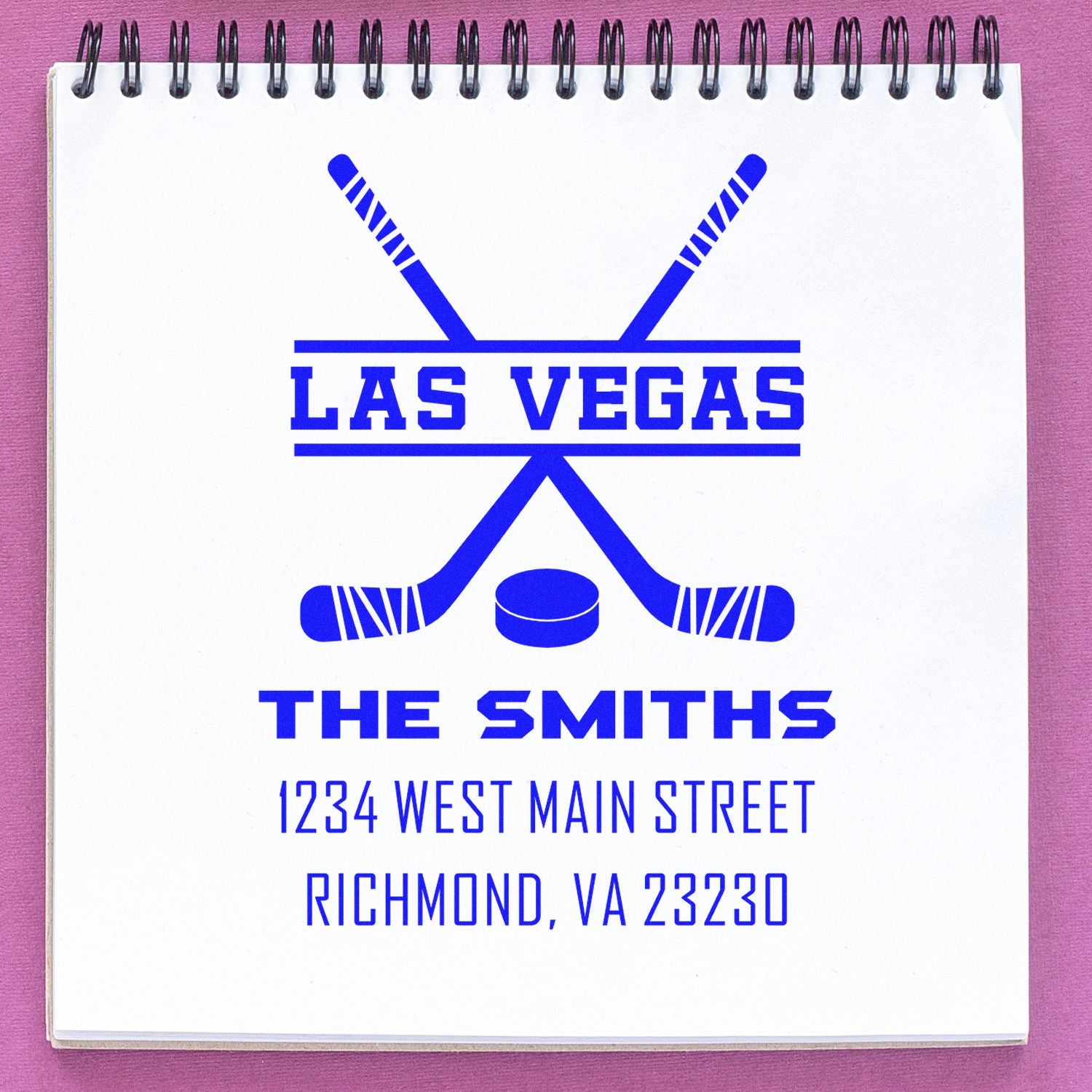 Custom rubber stamp design with hockey sticks for Las Vegas The Smiths, featuring 1234 West Main Street, Richmond, VA 23230.