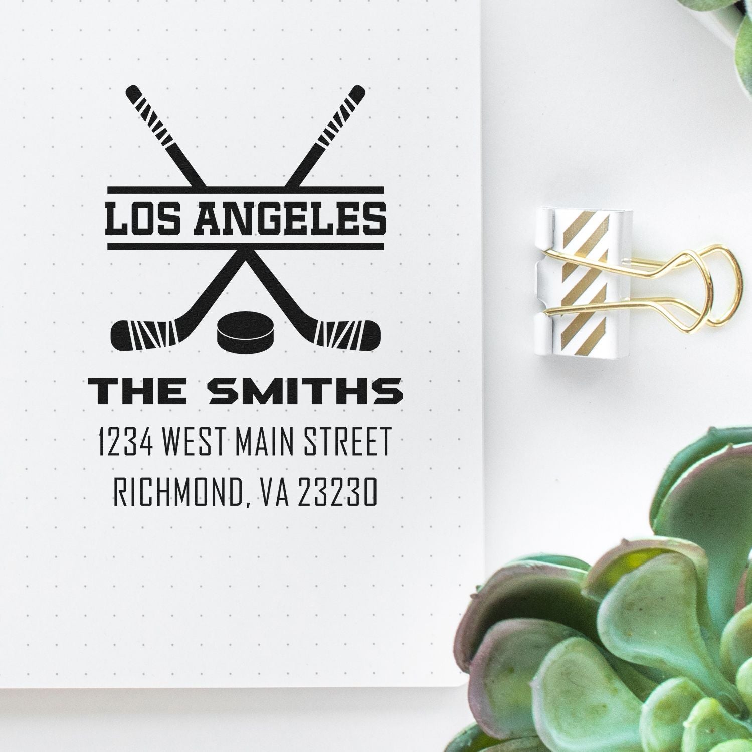 Custom hockey-themed return address rubber stamp for The Smiths, featuring Los Angeles design and Richmond, VA address
