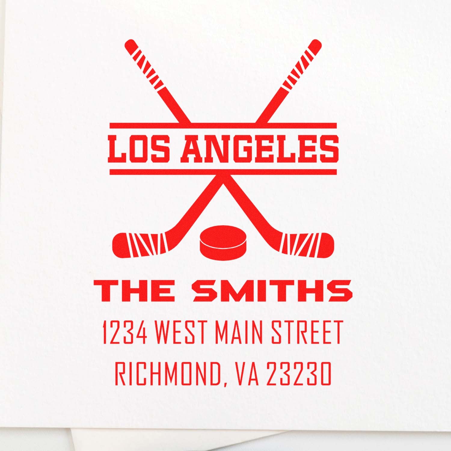 Personalized hockey rubber stamp for The Smiths, with Los Angeles logo and Richmond, VA return address.