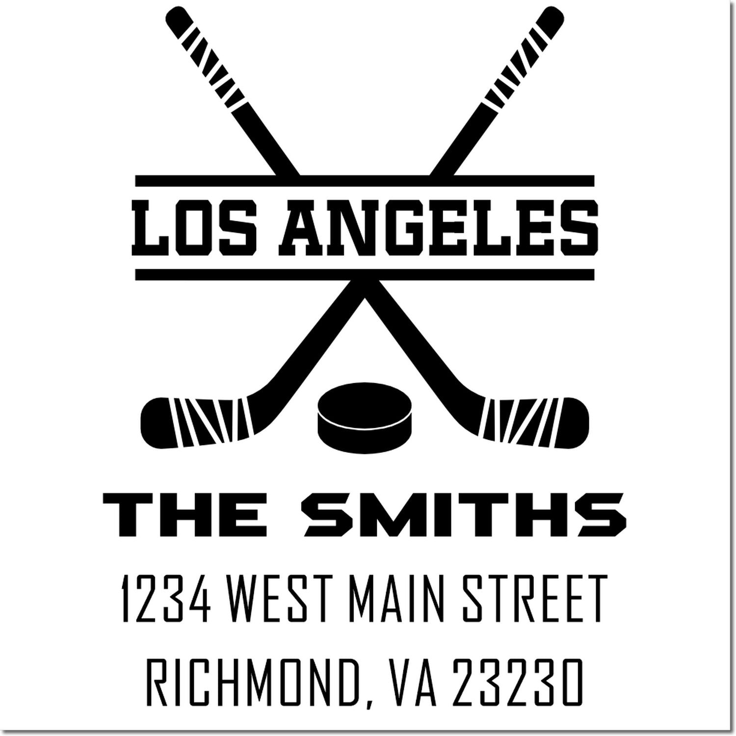 Custom hockey rubber stamp for The Smiths, Los Angeles, with personalized address in Richmond, VA 23230.