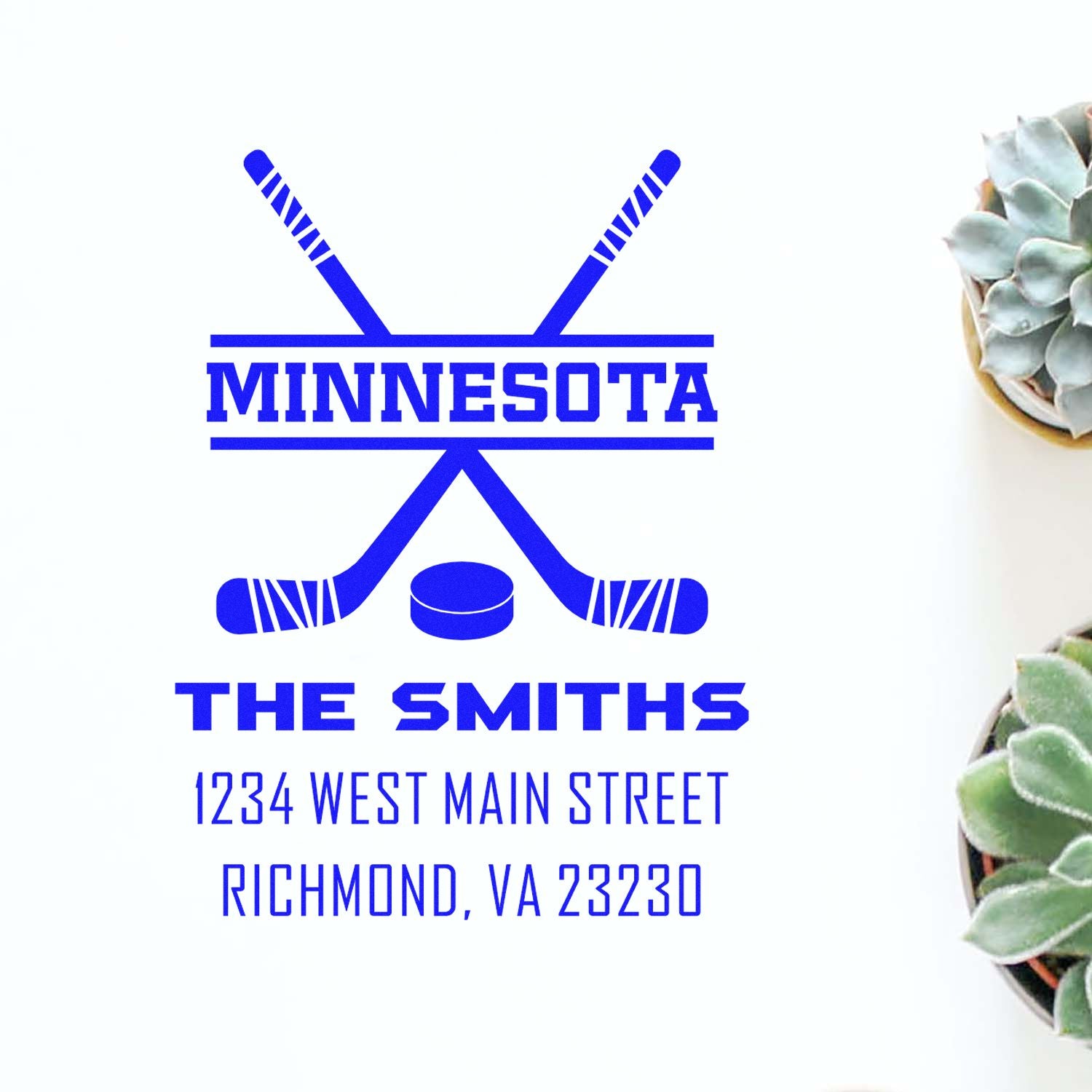 Custom hockey-themed return address rubber stamp with Minnesota logo, The Smiths name, and Richmond, VA address.