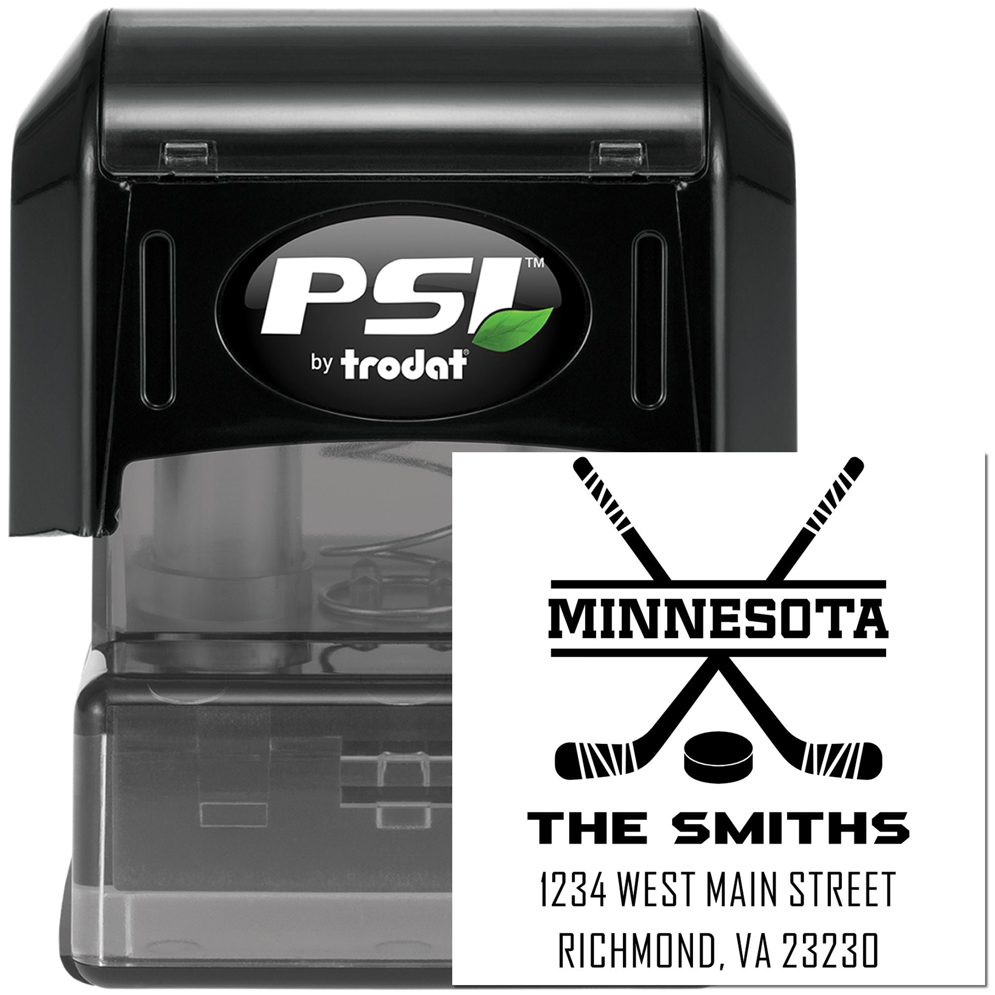 Custom Trodat PSI self-inking rubber stamp with Minnesota hockey design and return address imprint example.