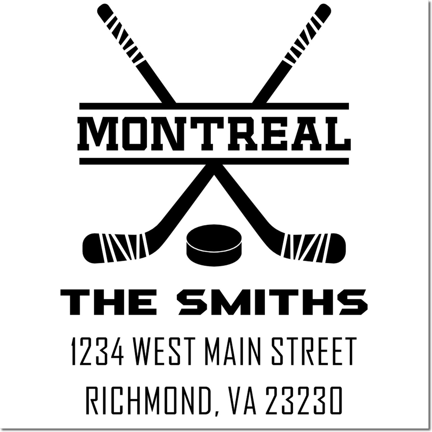 Personalized hockey rubber stamp for The Smiths, with Montreal design and Richmond, VA 23230 return address.