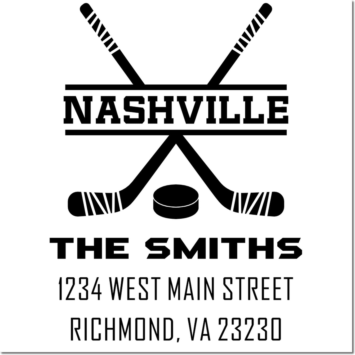 Custom hockey return address rubber stamp for The Smiths in Nashville, with 1234 West Main Street, Richmond, VA 23230.