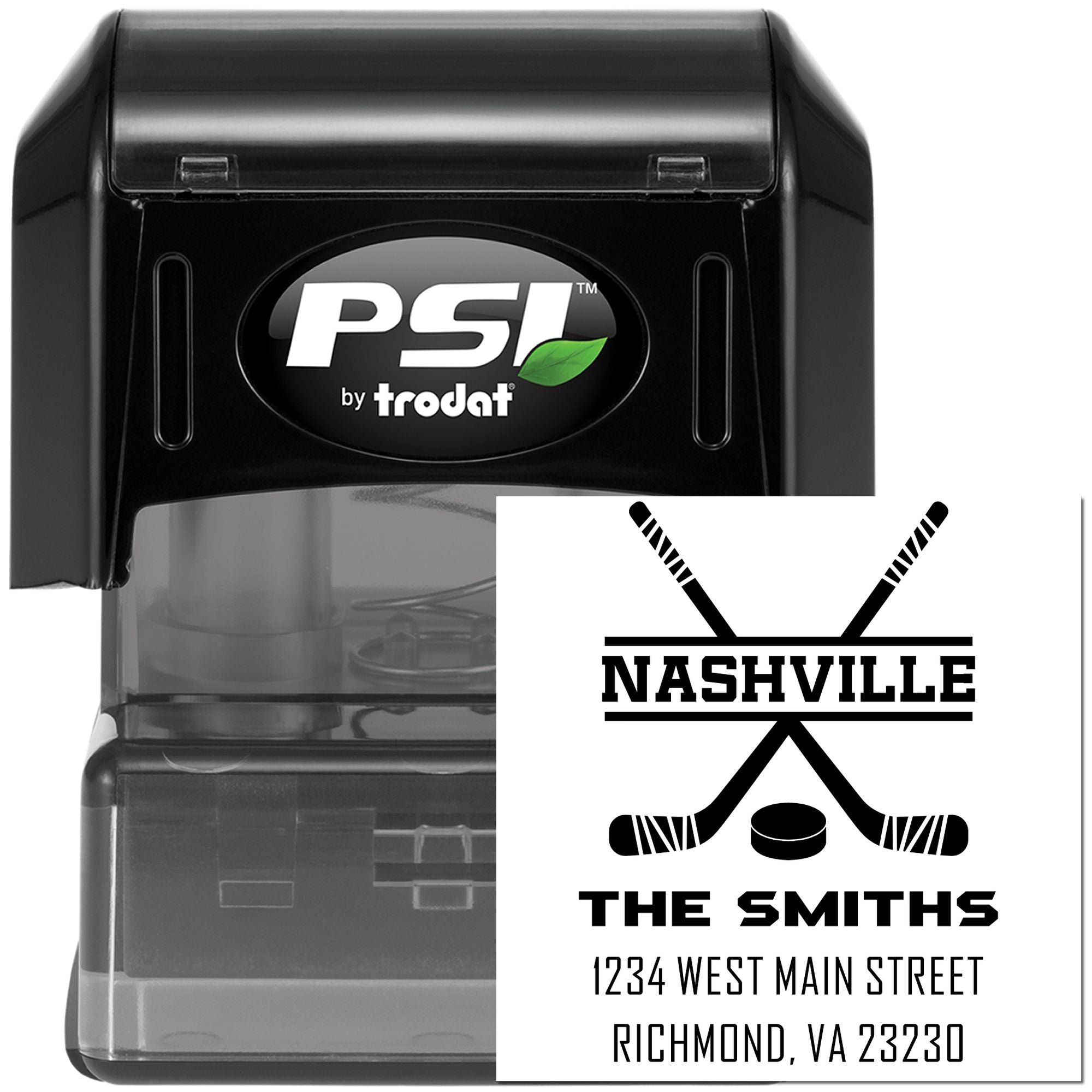 PSI by Trodat self-inking rubber stamp showing a custom hockey address design for The Smiths in Nashville.