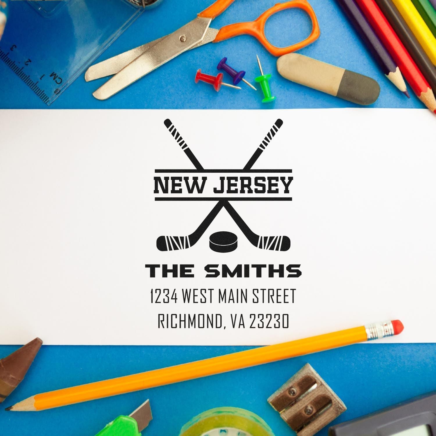 Custom hockey address rubber stamp design for The Smiths, featuring New Jersey, street address, and zip code.