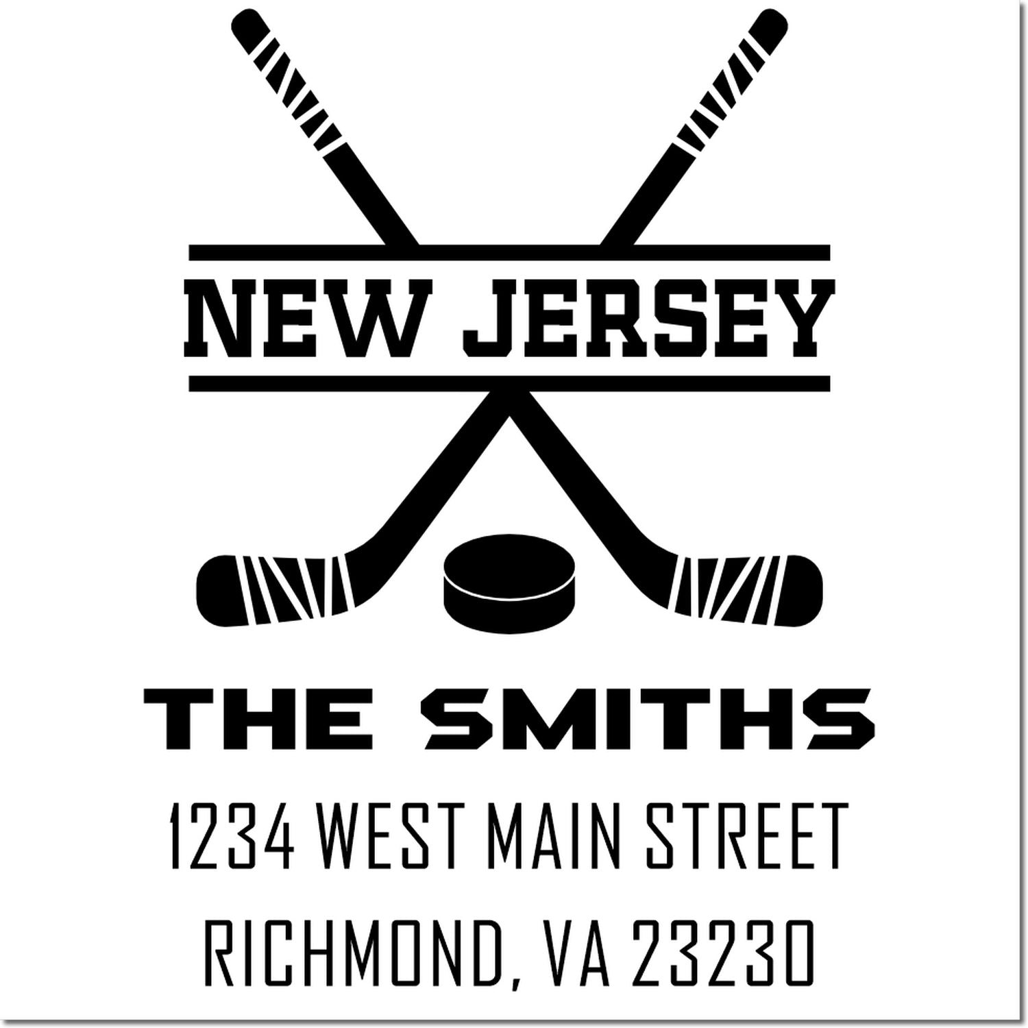 Custom hockey rubber stamp for The Smiths, New Jersey, with crossed sticks, puck, and return address in Richmond, VA 23230