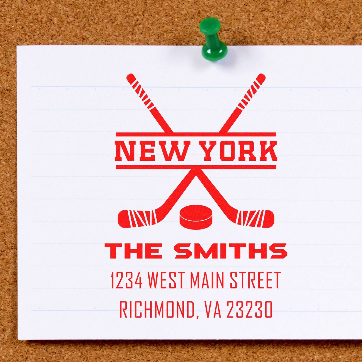 Custom hockey rubber stamp design with New York, The Smiths, and address for personalized return address labeling.