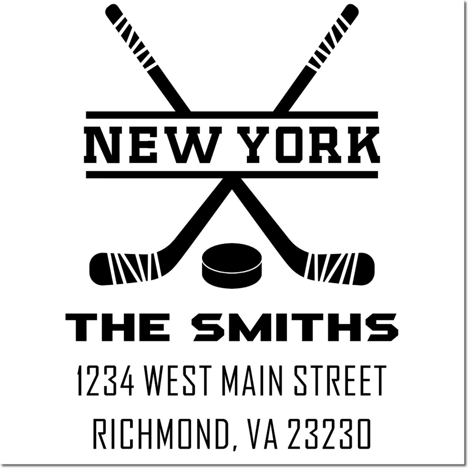 Custom New York hockey rubber stamp for The Smiths, with address 1234 West Main Street, Richmond, VA 23230.