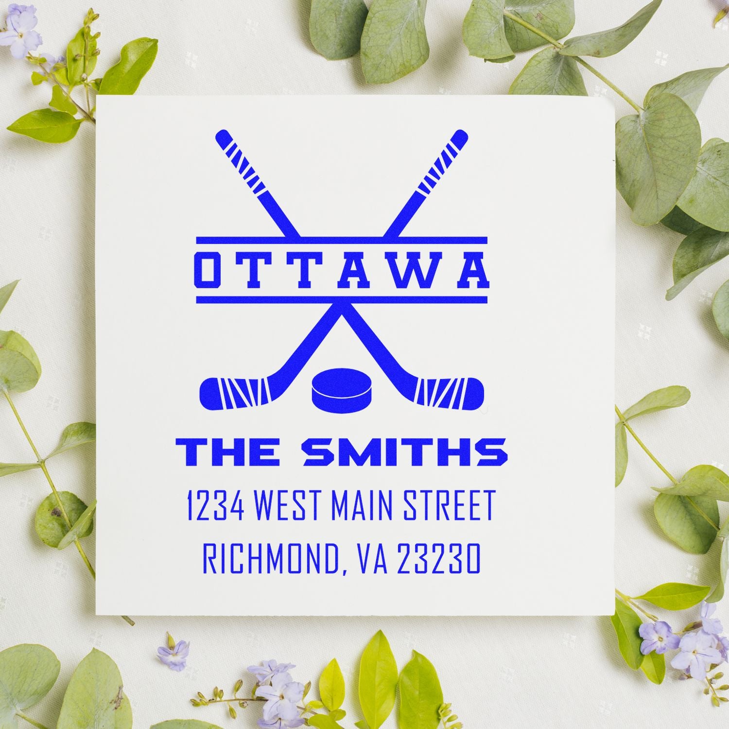 Custom Ottawa hockey rubber stamp with crossed sticks, The Smiths, and Richmond, VA address for personalized mailing and gifts.