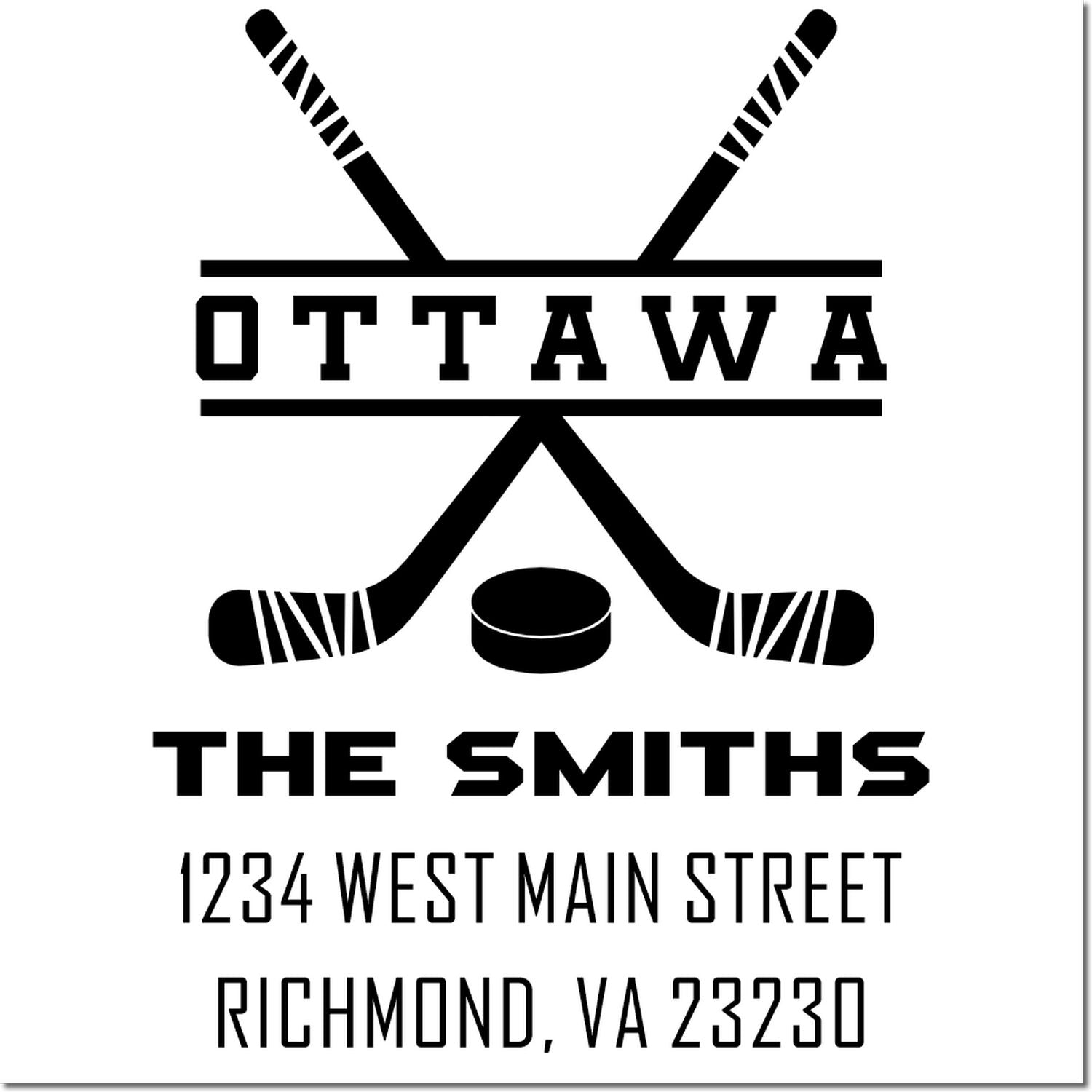 Custom family hockey rubber stamp design for The Smiths with Ottawa, crossed sticks, puck, and return address.