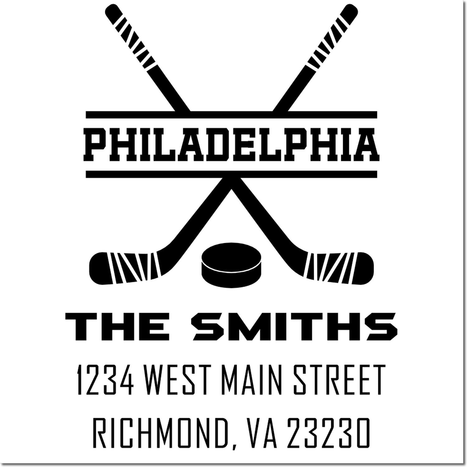 Personalized hockey rubber stamp for The Smiths, featuring Philadelphia text, address, and crossed sticks logo.