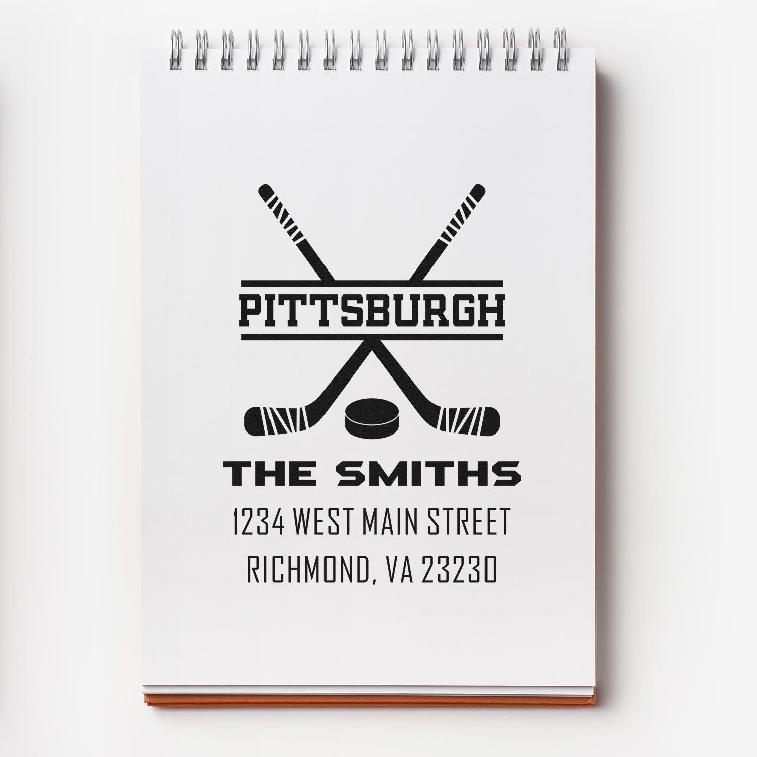 Custom hockey rubber stamp design with crossed sticks, Pittsburgh, The Smiths, and Richmond, VA address.