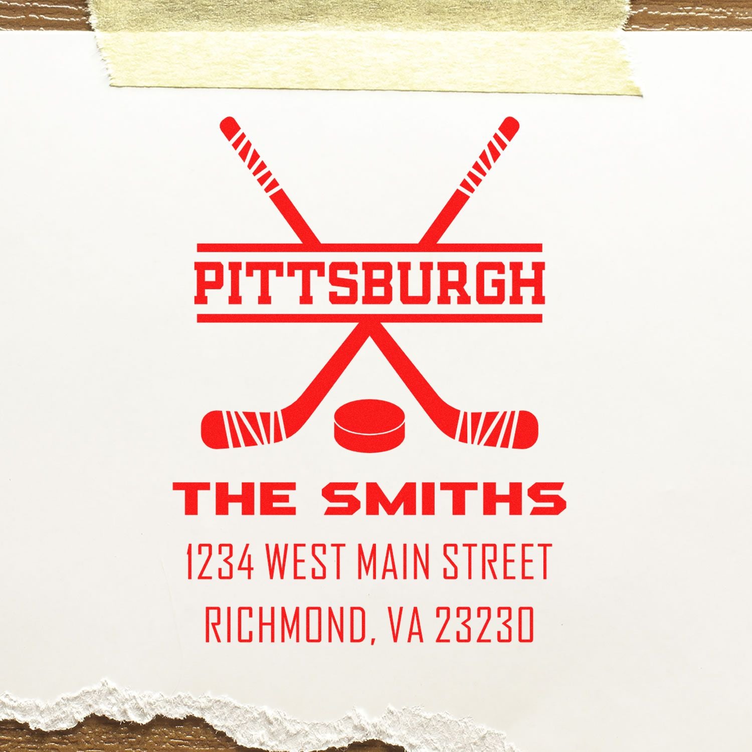 Custom Pittsburgh hockey rubber stamp for The Smiths return address, 1234 West Main Street, Richmond, VA