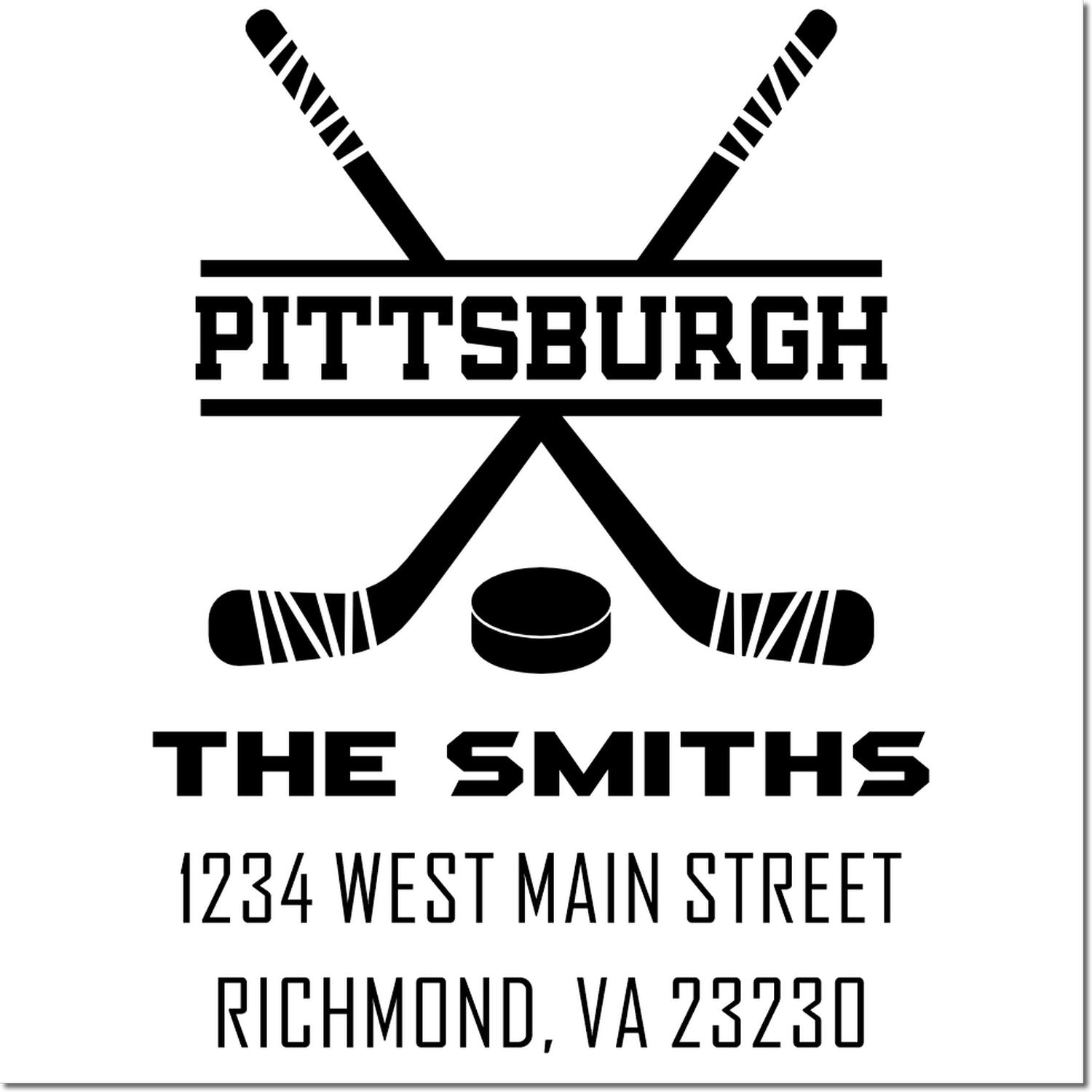 Custom Pittsburgh hockey return address rubber stamp for The Smiths, with crossed sticks, puck, and Richmond, VA 23230.