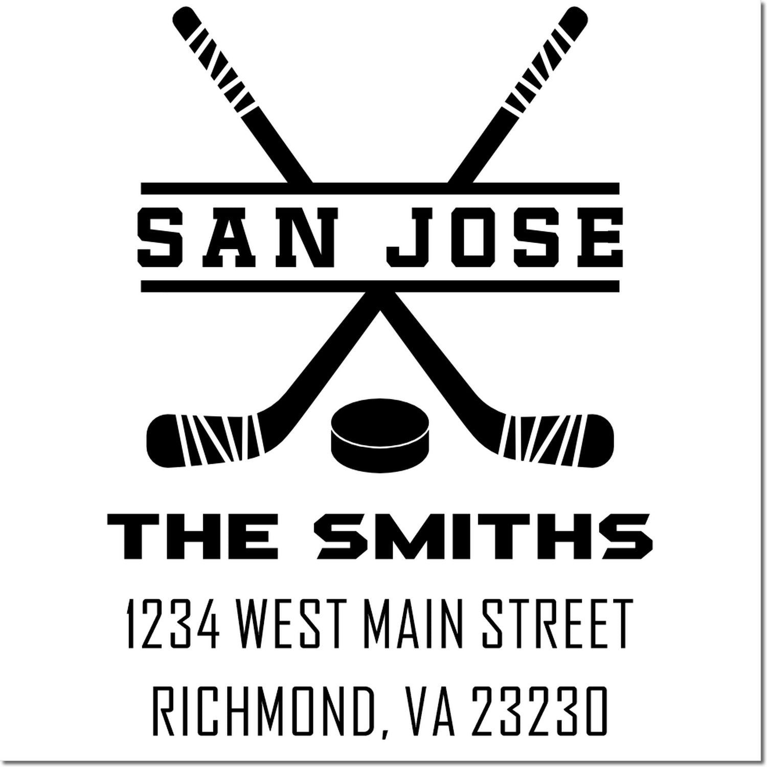 Custom hockey rubber stamp for San Jose The Smiths with crossed sticks, puck, and address: 1234 West Main Street, Richmond, VA 23230.
