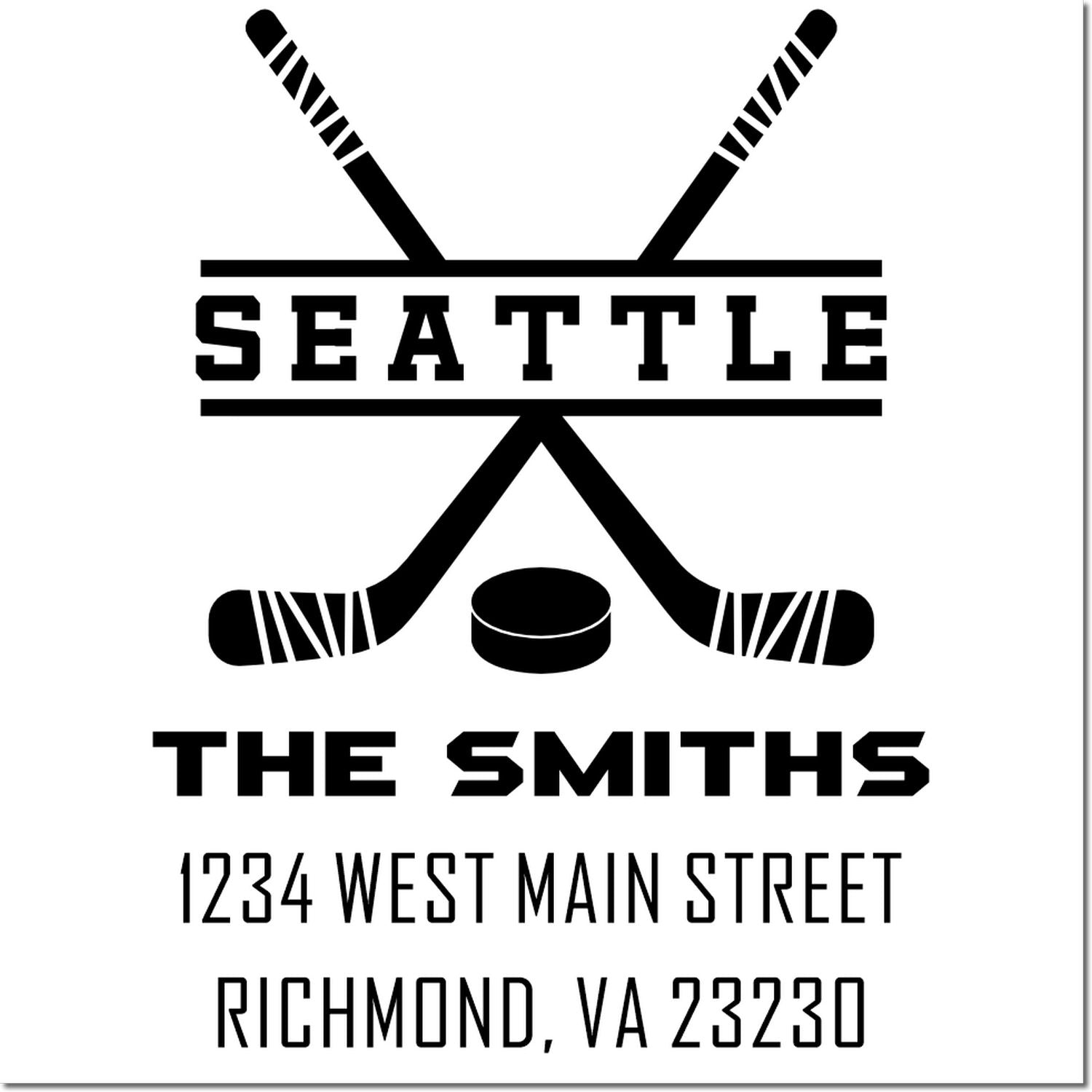 Custom hockey return address rubber stamp for The Smiths, 1234 West Main Street, Richmond, VA 23230.