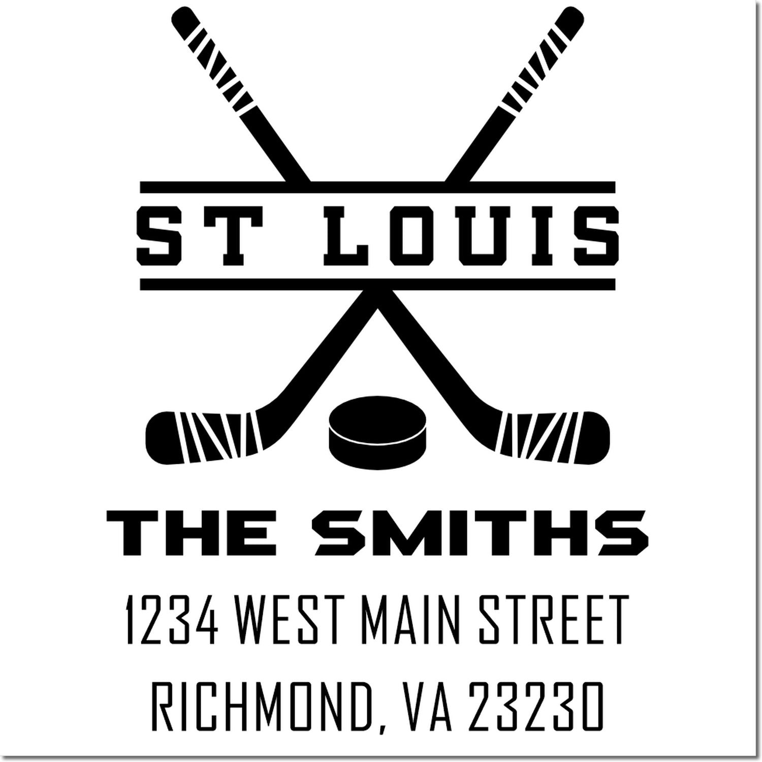 Custom rubber stamp logo for The Smiths in St. Louis, with crossed hockey sticks and personalized address, 1234 West Main Street, Richmond, VA 23230
