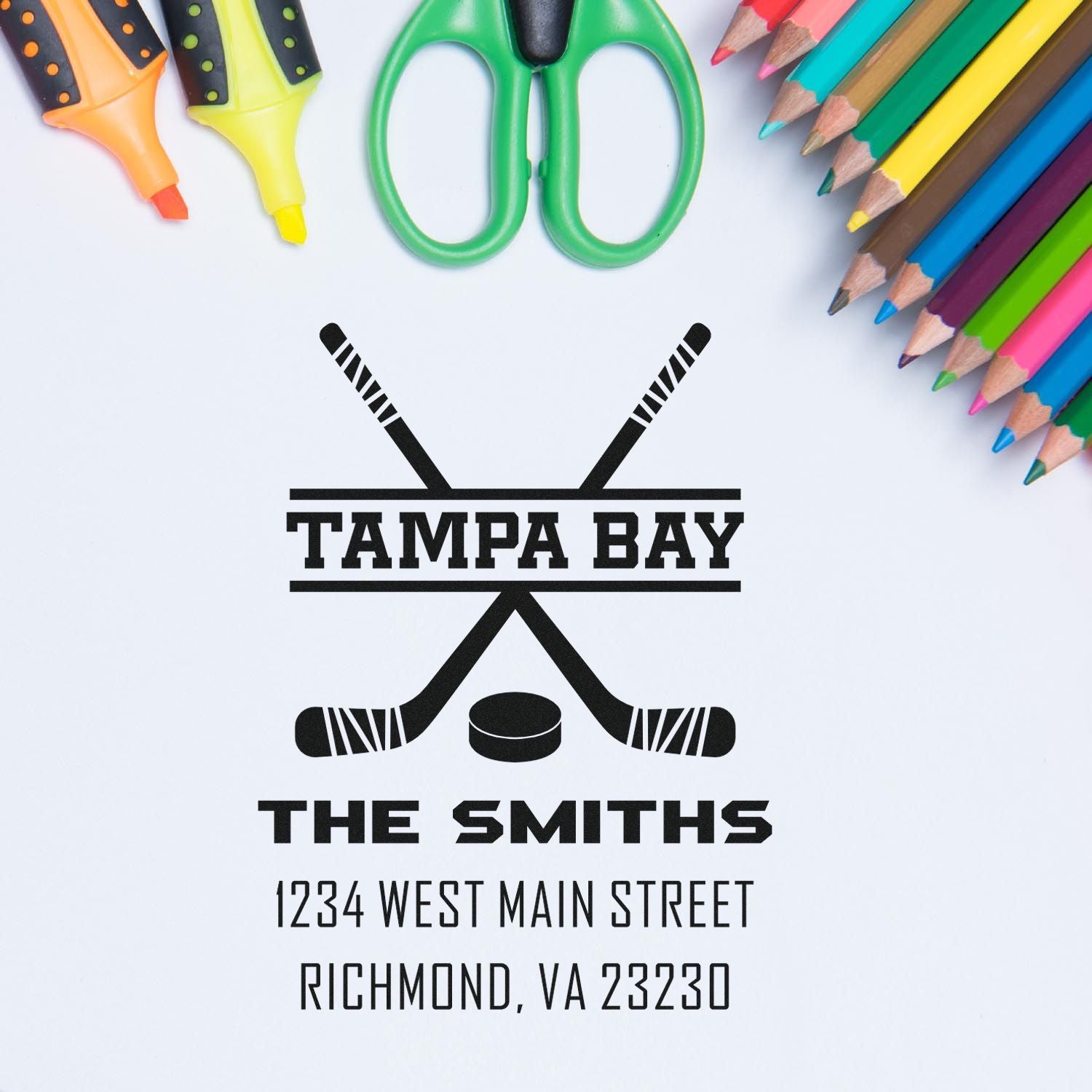 Custom hockey address rubber stamp for Tampa Bay The Smiths with Richmond, VA return address.