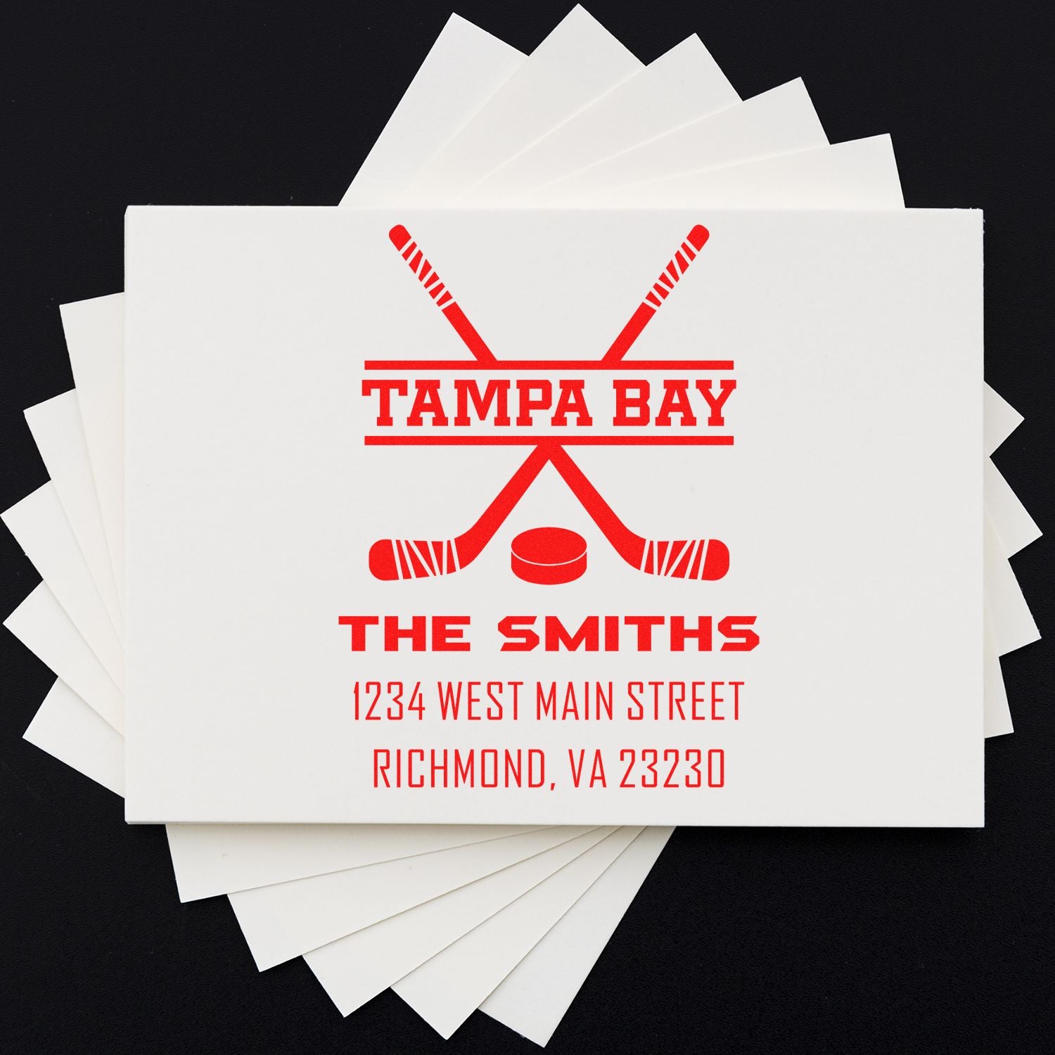 Custom hockey-themed rubber stamp with The Smiths return address and Tampa Bay design on envelopes