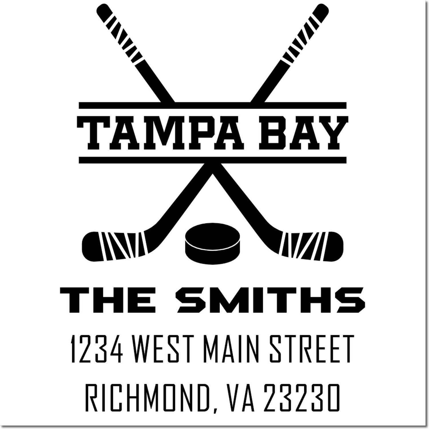 Personalized hockey rubber stamp for The Smiths, Tampa Bay, with crossed sticks, puck, and Richmond, VA address.