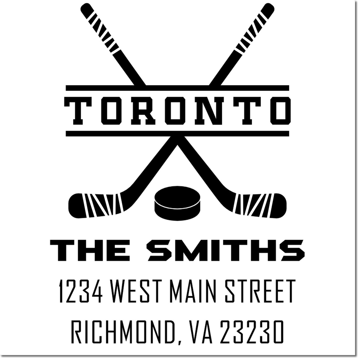 Custom hockey rubber stamp with Toronto logo, The Smiths, and Richmond, VA 23230 return address.