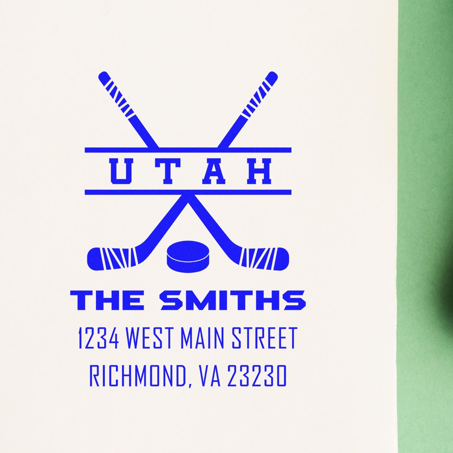 Custom Utah hockey return address rubber stamp for The Smiths, with crossed sticks, puck, and Richmond, VA address.