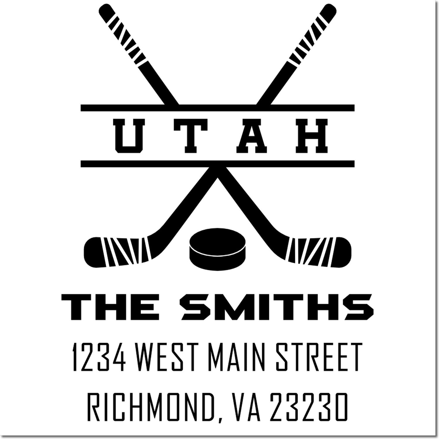 Custom Utah hockey rubber stamp for The Smiths, with crossed sticks, puck, and Richmond, VA 23230 address.