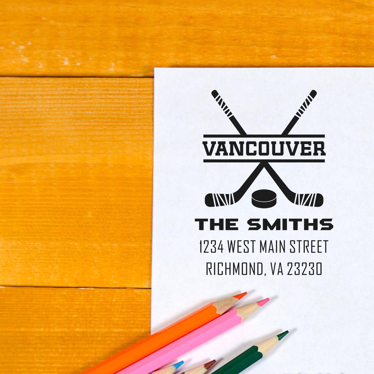 Personalized hockey rubber stamp with Vancouver design, The Smiths, and return address for custom mailing labels