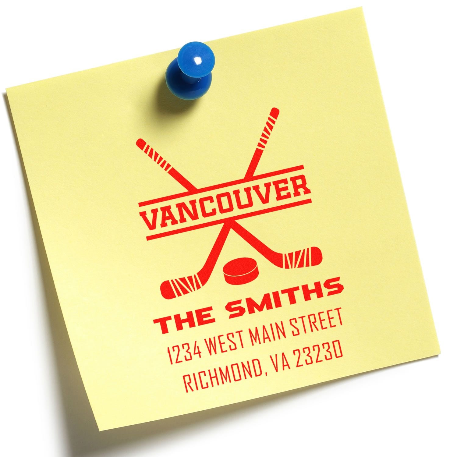 Custom address rubber stamp for The Smiths with hockey logo, Vancouver text, and Richmond, VA address on a sticky note.