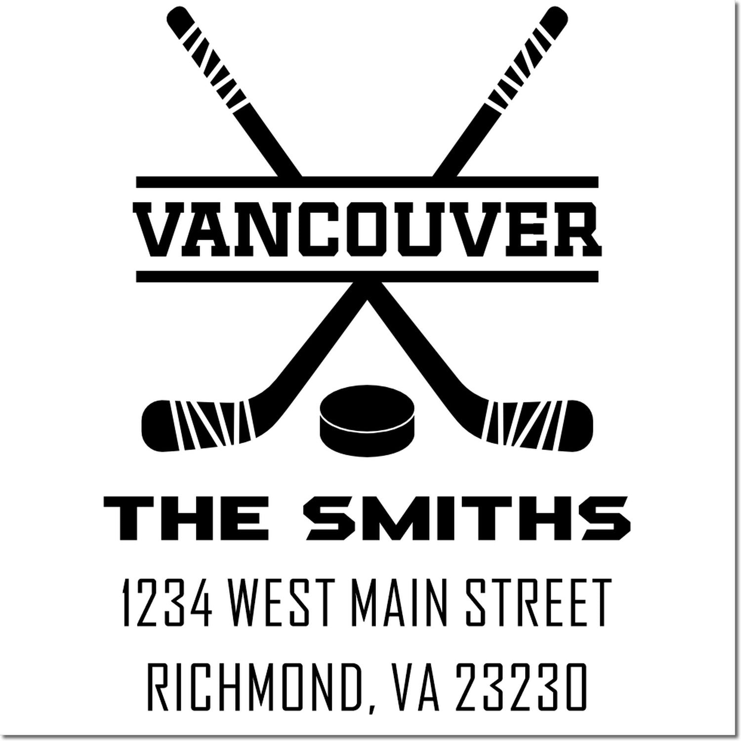 Custom hockey return address rubber stamp with crossed sticks, puck, and The Smiths, Vancouver, Richmond, VA 23230.