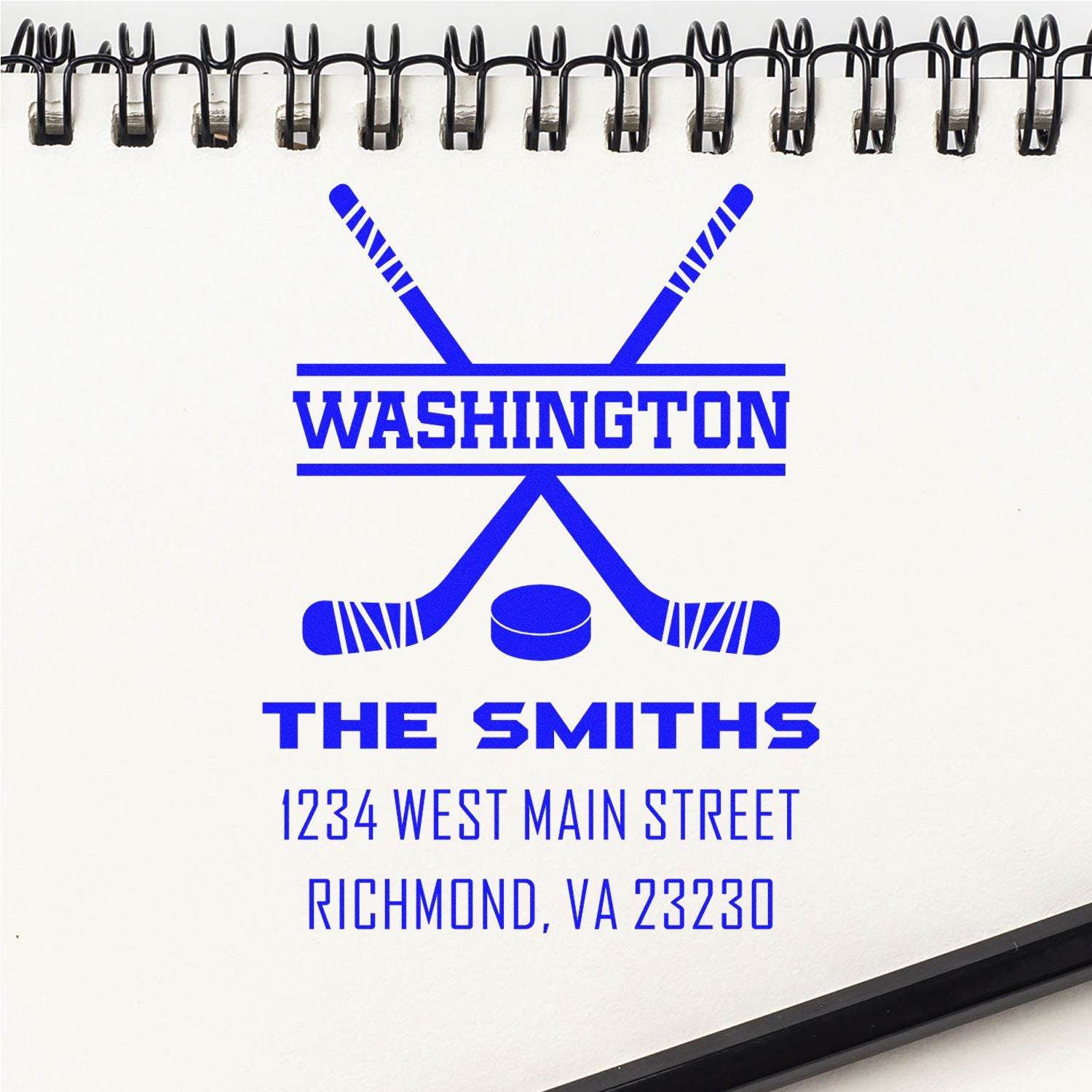Custom rubber stamp mockup with hockey sticks, Washington logo, The Smiths, and Richmond, VA address.