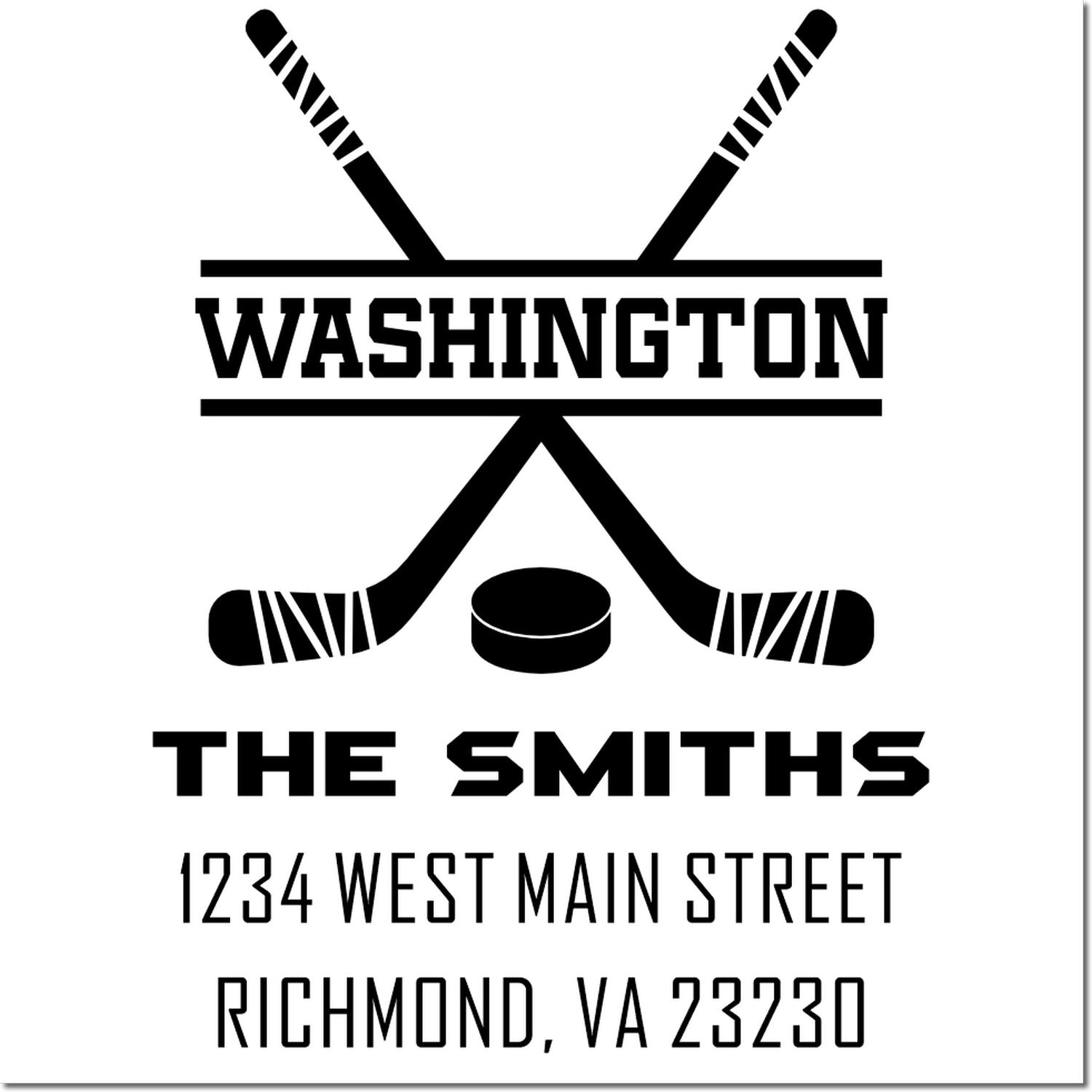 Custom hockey rubber stamp for Washington The Smiths, with crossed sticks, puck, and Richmond, VA 23230 address.