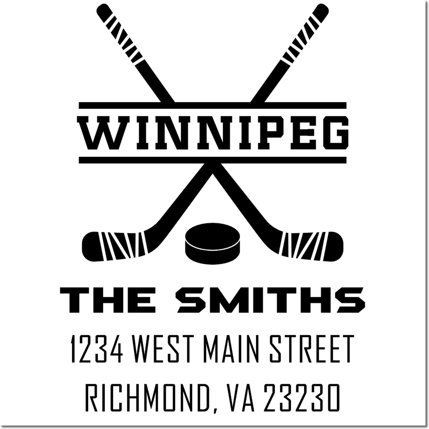 Custom hockey rubber stamp design for Winnipeg The Smiths, featuring crossed sticks, puck, and Richmond, VA address.