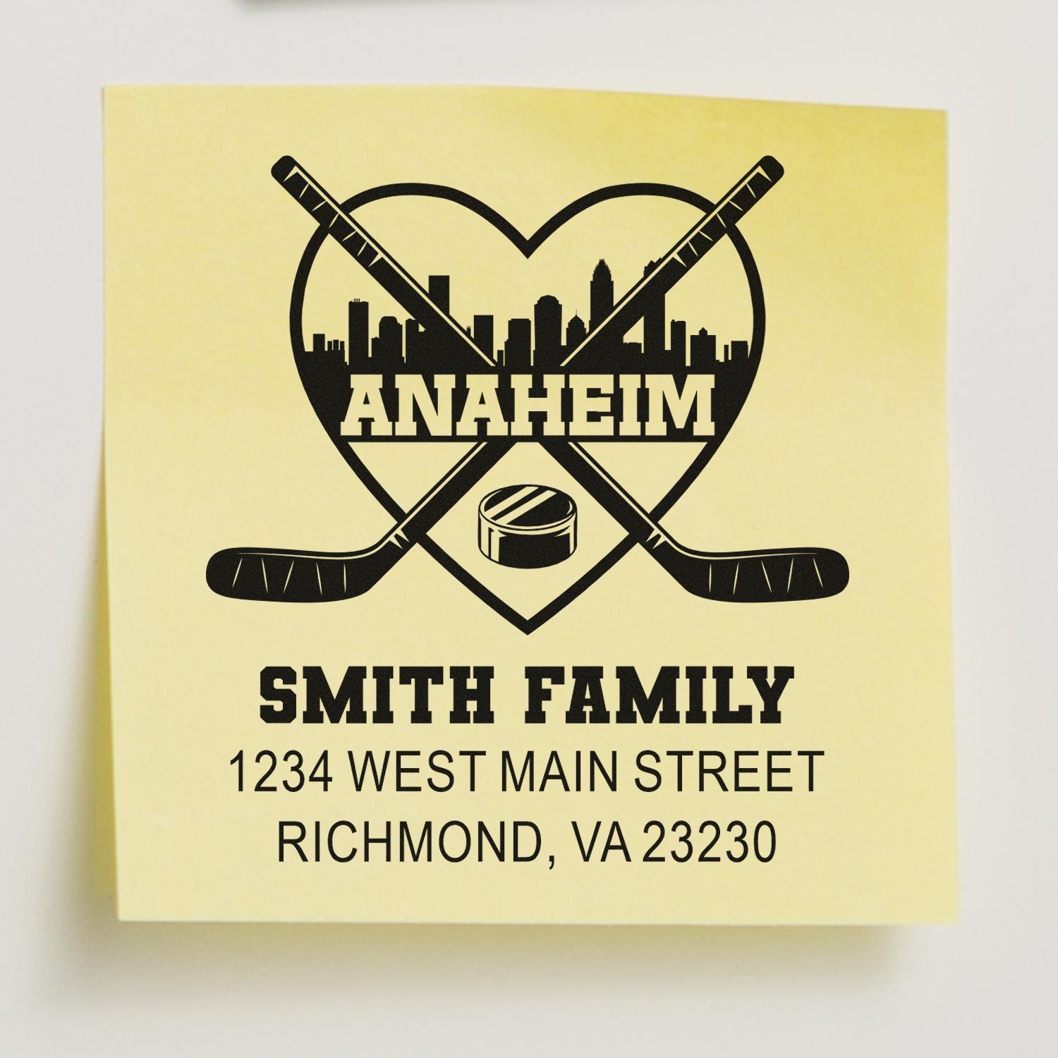 Custom hockey-themed address rubber stamp with Anaheim skyline, Smith Family name, and Richmond, VA address.