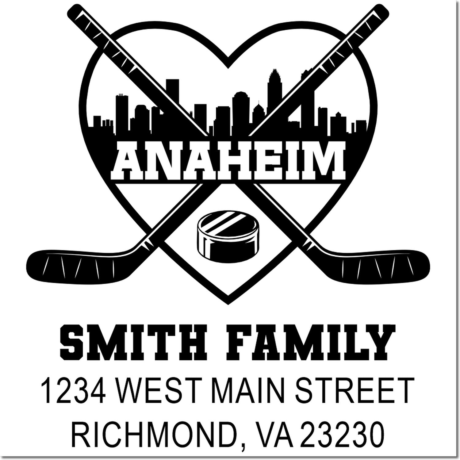 Custom hockey family rubber stamp with Anaheim skyline, crossed sticks, Smith Family name, and Richmond, VA 23230 address.