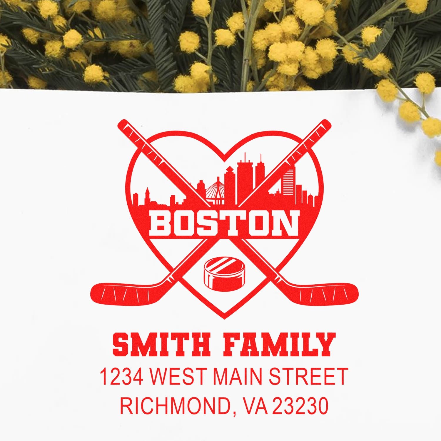 Custom Boston hockey family rubber stamp with crossed sticks, heart skyline, Smith Family name, and Richmond, VA address.