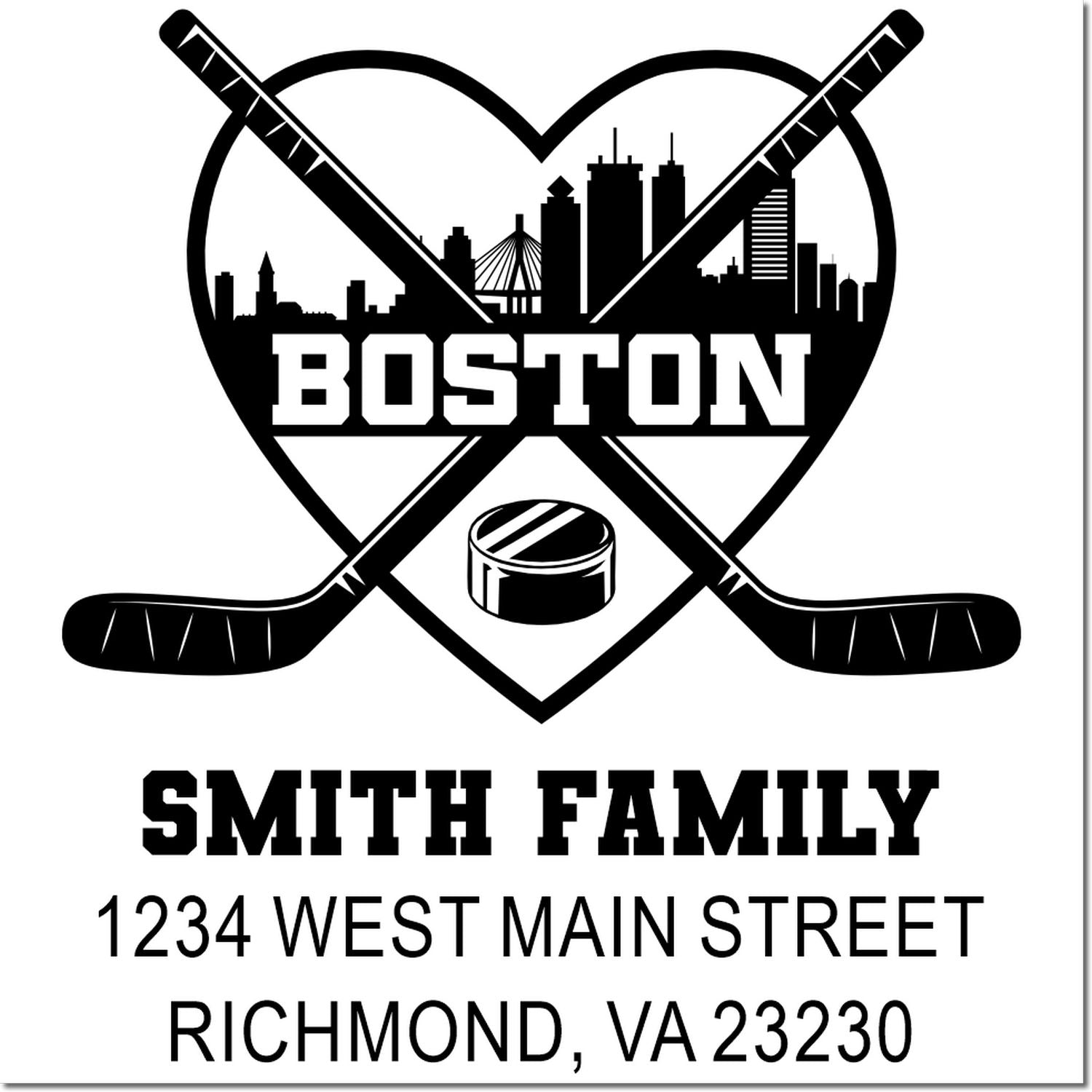Custom Boston hockey family address stamp with skyline, crossed sticks, Smith Family, and Richmond VA return address.