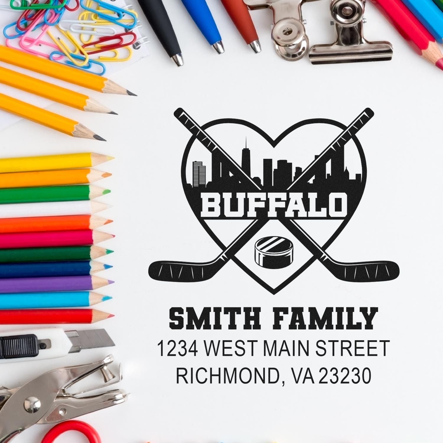 Custom address rubber stamp mockup with Buffalo hockey logo, Smith Family name, and return address.