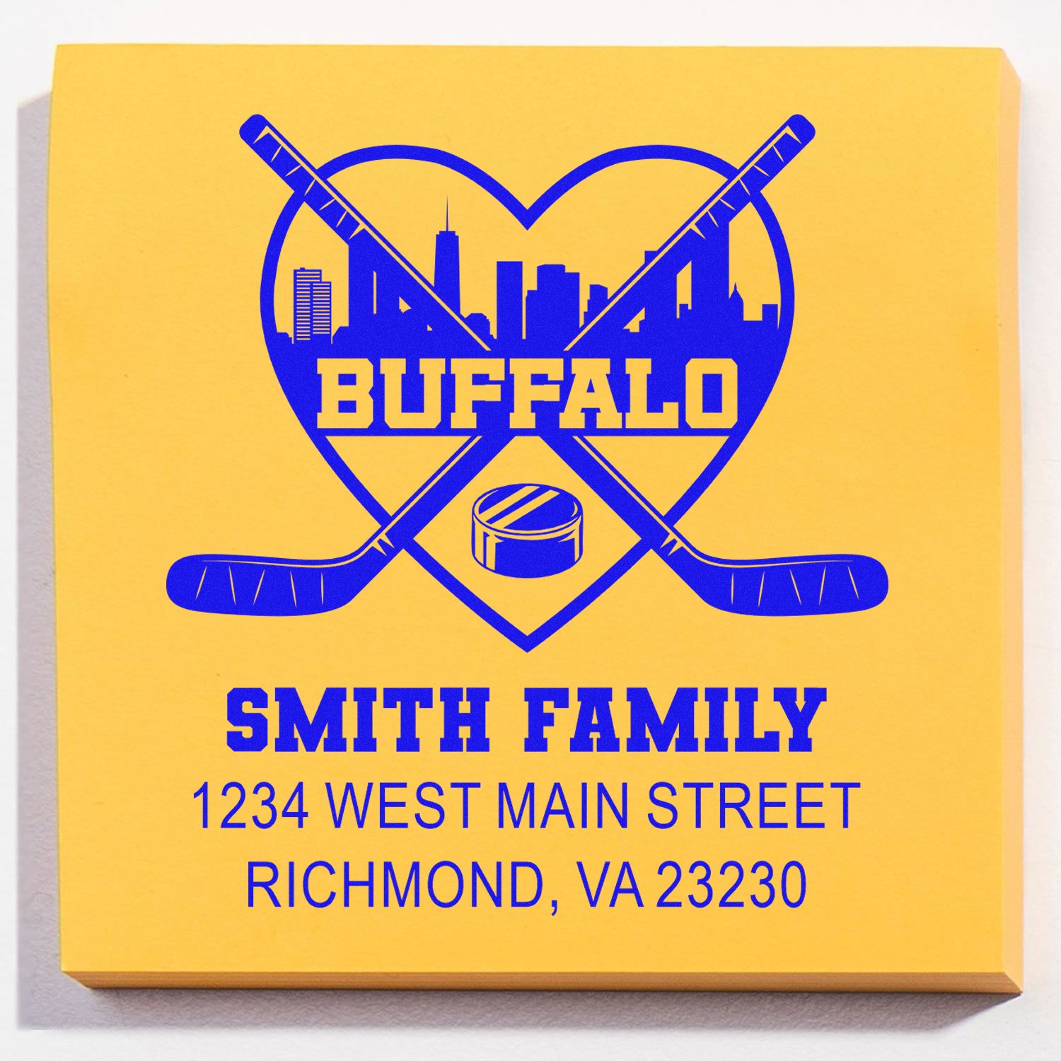 Personalized Buffalo hockey return address rubber stamp with crossed sticks, skyline, Smith family, Richmond, VA 23230