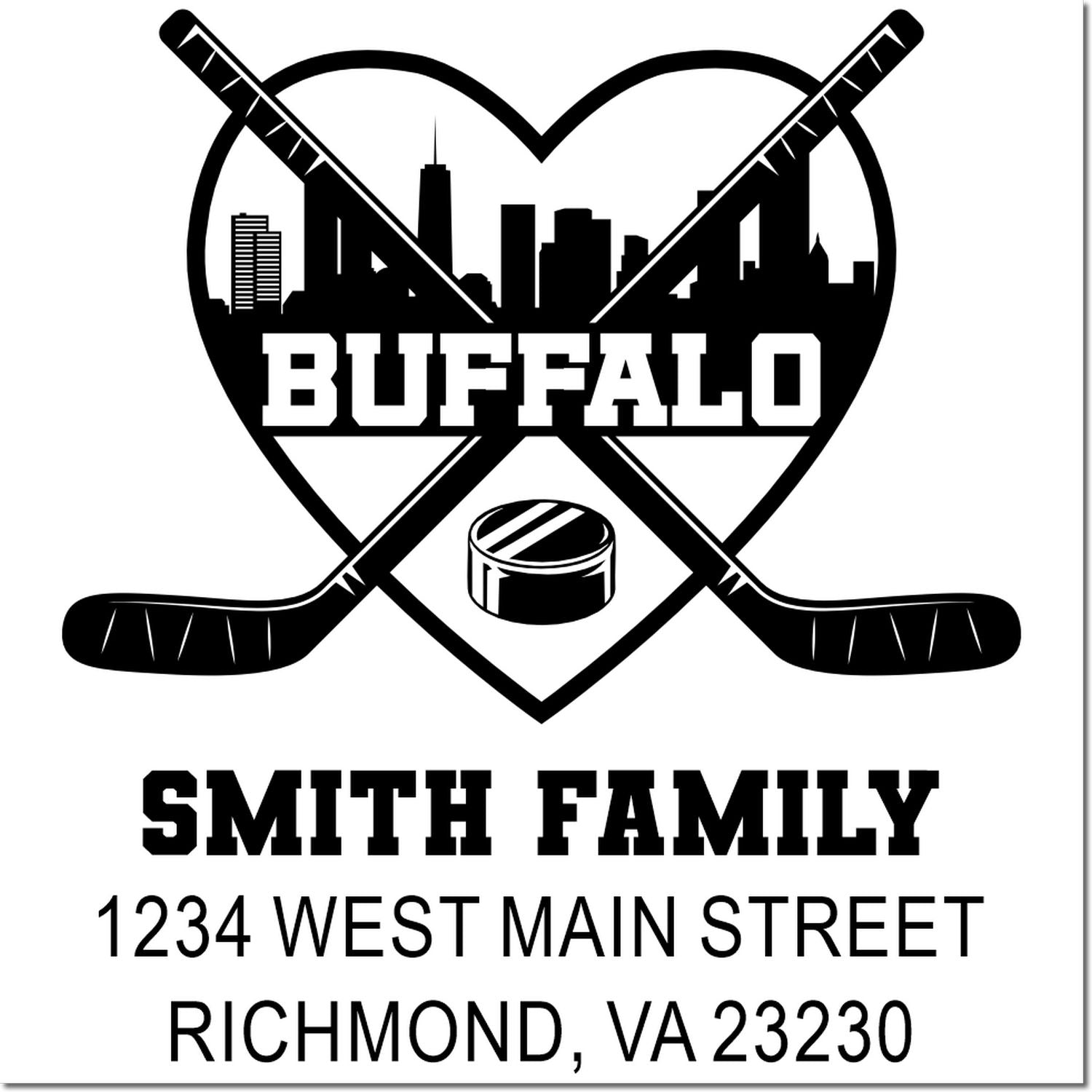 Custom Buffalo hockey family address rubber stamp with skyline, crossed sticks, Smith family, and Richmond, VA address.